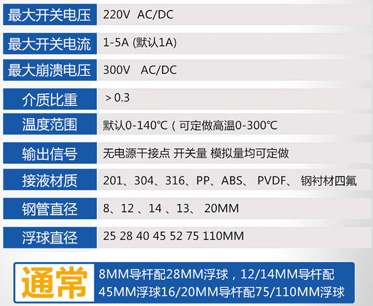 消防池用浮球液位計技術(shù)參數(shù)對照表